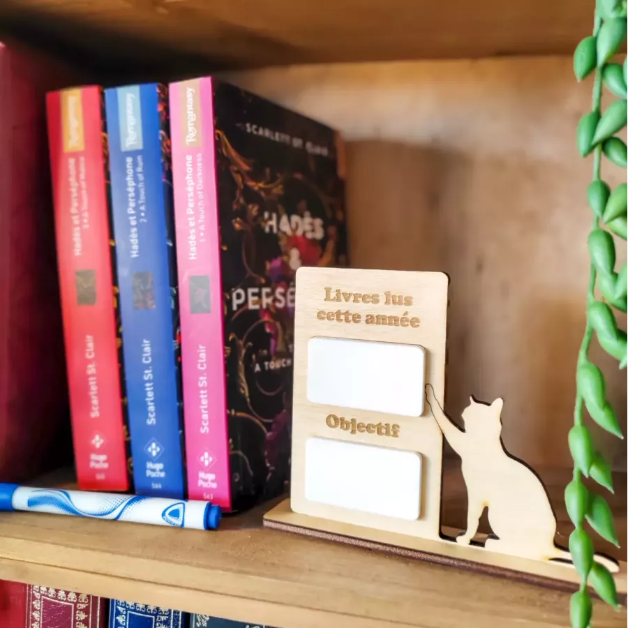 compteur de livres lus en bois avec chat – décoration de bibliothèque à personnaliser