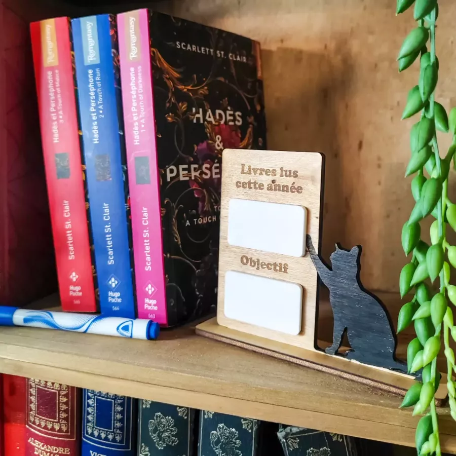 compteur de livres lus en bois avec chat – décoration de bibliothèque à personnaliser