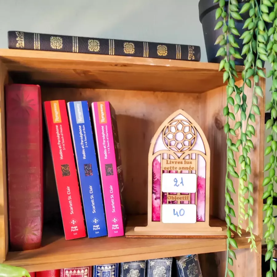 compteur de livres à fenêtre gothique – décor rose et nature en papier d’art