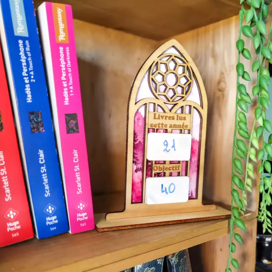 compteur de livres à fenêtre gothique – décor rose et nature en papier d’art