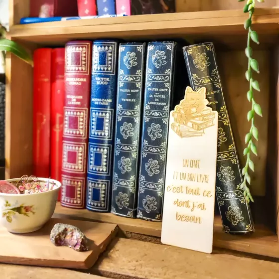 Marque-page bois – Chat sur livres et citation « Un chat et un bon livre »