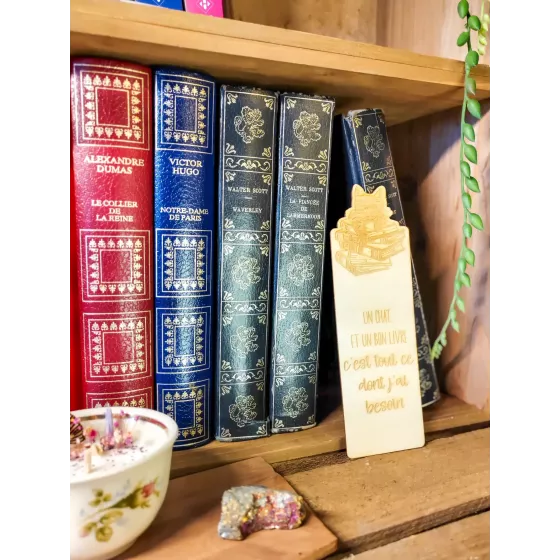 Marque-page bois gravé avec chat sur des livres et citation « Un chat et un bon livre, c’est tout ce dont j’ai besoin »