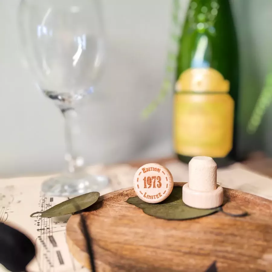 Bouchon vin bois et liège personnalisé – Édition Limitée [année]
