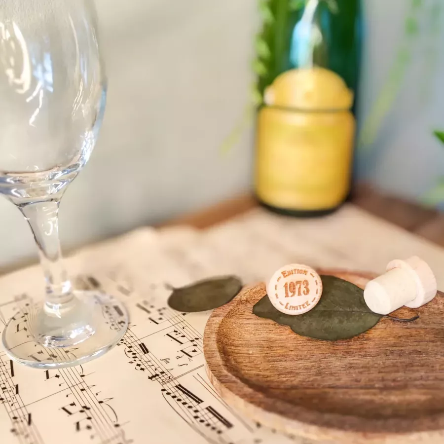 Bouchon vin bois et liège personnalisé – Édition Limitée [année]