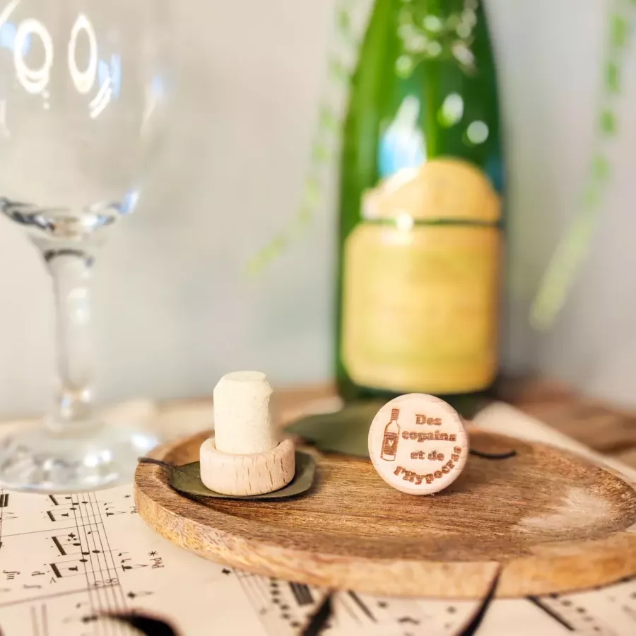 Bouchon vin bois liège gravé – Des copains et de l’hypocras