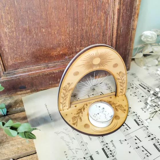 Arche de lumière en bois et acrylique avec bougie d’intention - autel Imbolc