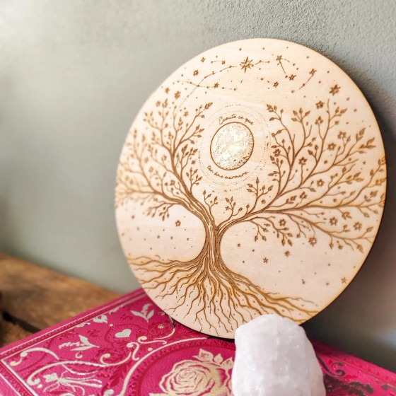 plateau de rechargement bois arbre de vie lune dorée feuille d’or 18 cm