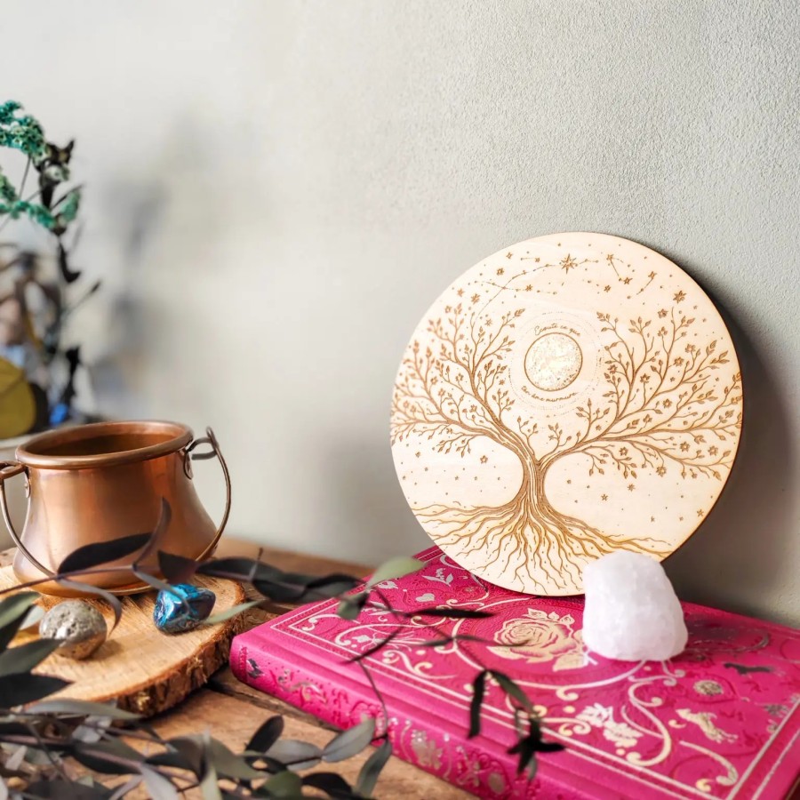 plateau de rechargement bois arbre de vie lune dorée feuille d’or 18 cm