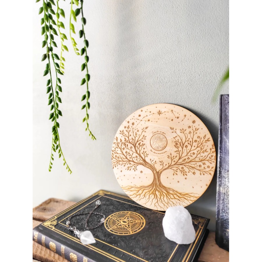 plateau de rechargement bois arbre de vie lune dorée feuille d’or 18 cm
