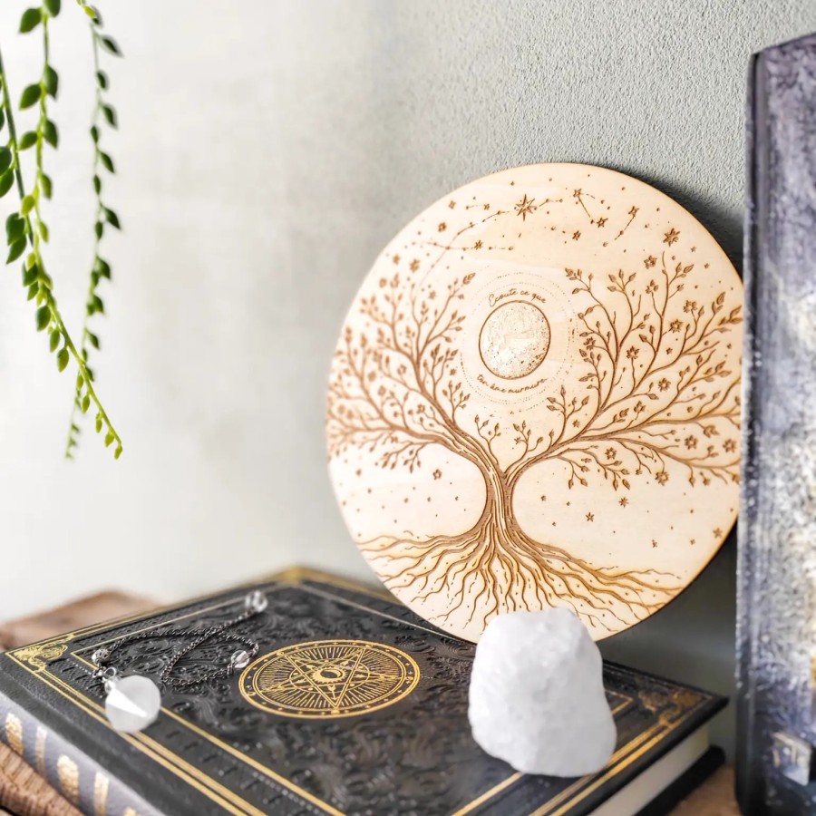 plateau de rechargement bois arbre de vie lune dorée feuille d’or 18 cm