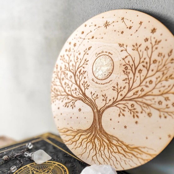plateau de rechargement bois arbre de vie lune dorée feuille d’or 18 cm