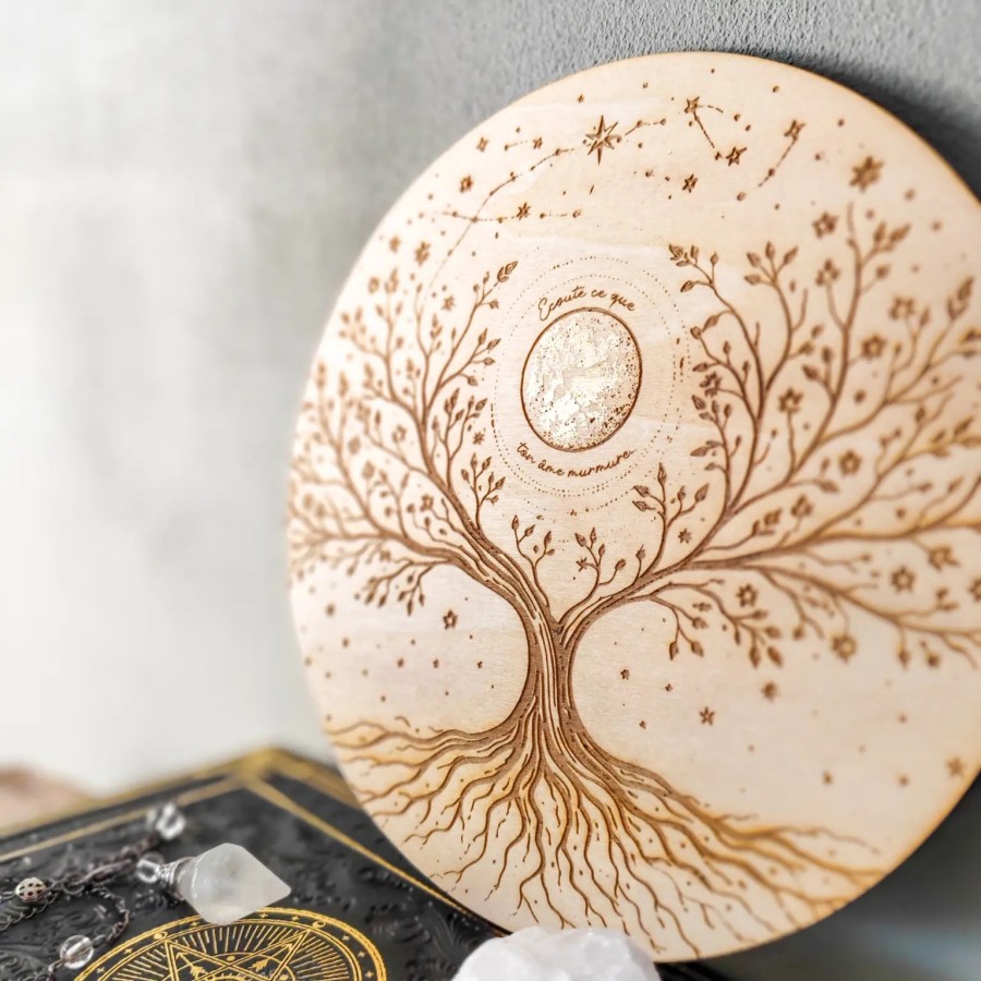 plateau de rechargement bois arbre de vie lune dorée feuille d’or 18 cm