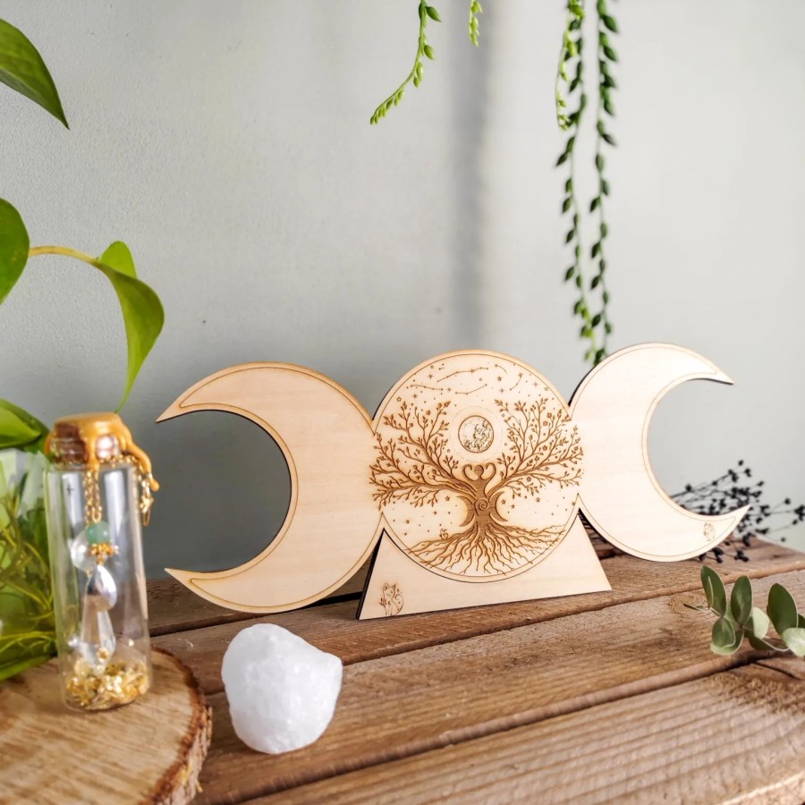 décoration triple lune arbre de vie en bois pour autel ésotérique Arboria