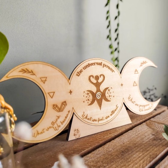 Triple lune - Symbole de la déesse et loi d’attraction - Décoration d’autel bois