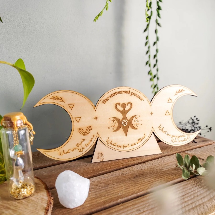 Triple lune - Symbole de la déesse et loi d’attraction - Décoration d’autel bois